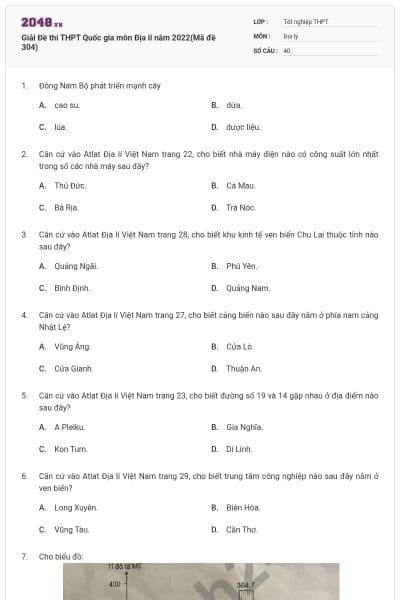 Giải Đề thi THPT Quốc gia môn Địa lí năm 2022(Mã đề 304)