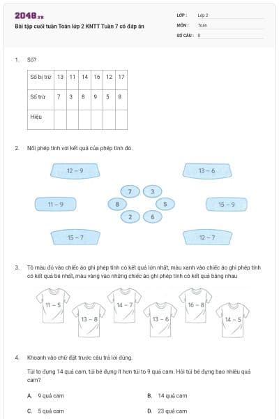 Bài tập cuối tuần Toán lớp 2 KNTT Tuần 7 có đáp án