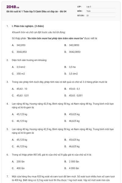 Đề thi cuối kì 1 Toán lớp 5 Cánh Diều có đáp án - Đề 04