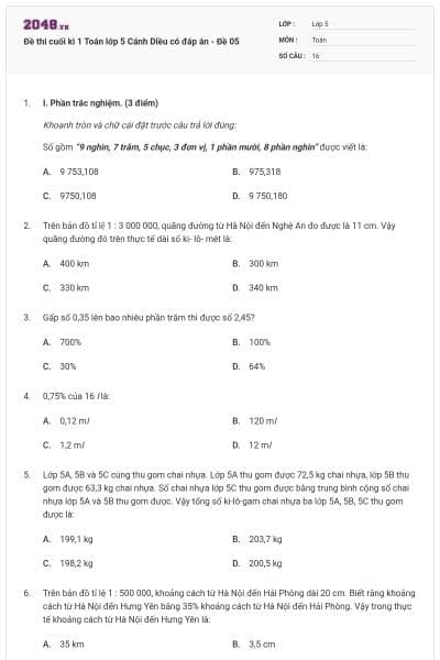 Đề thi cuối kì 1 Toán lớp 5 Cánh Diều có đáp án - Đề 05