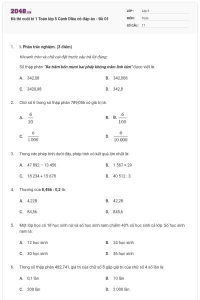 Đề thi cuối kì 1 Toán lớp 5 Cánh Diều có đáp án - Đề 01
