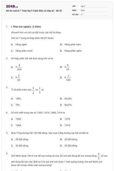 Đề thi cuối kì 1 Toán lớp 5 Cánh Diều có đáp án - Đề 02