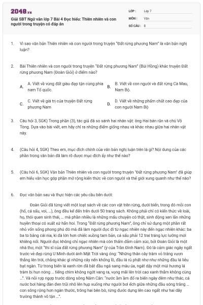Giải SBT Ngữ văn lớp 7 Bài 4 Đọc hiểu: Thiên nhiên và con người trong truyện có đáp án