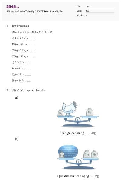 Bài tập cuối tuần Toán lớp 2 KNTT Tuần 9 có đáp án