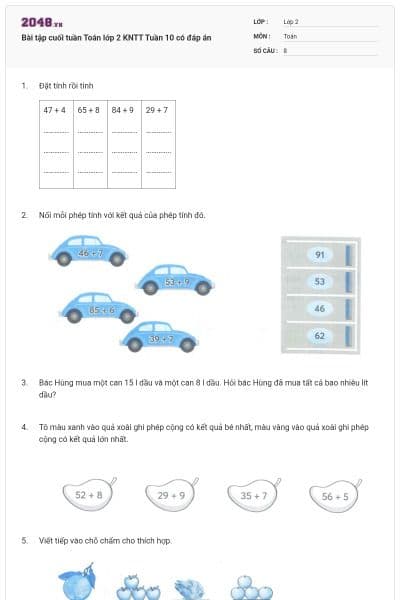 Bài tập cuối tuần Toán lớp 2 KNTT Tuần 10 có đáp án