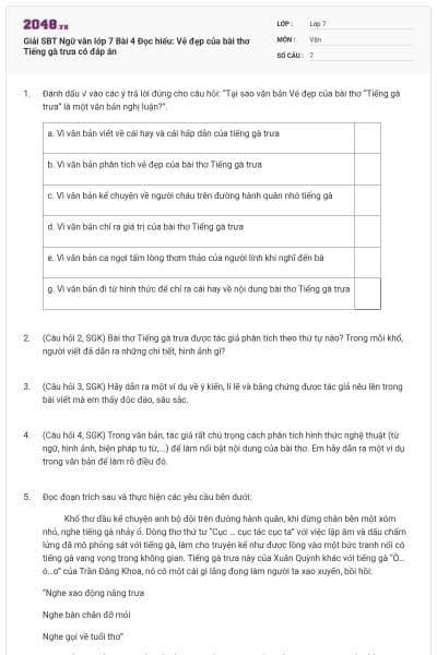 Giải SBT Ngữ văn lớp 7 Bài 4 Đọc hiểu: Vẻ đẹp của bài thơ Tiếng gà trưa có đáp án