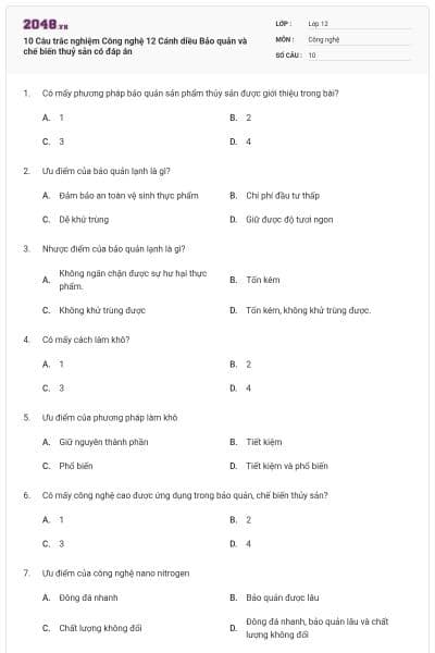 10 Câu trắc nghiệm Công nghệ 12 Cánh diều Bảo quản và chế biến thuỷ sản có đáp án