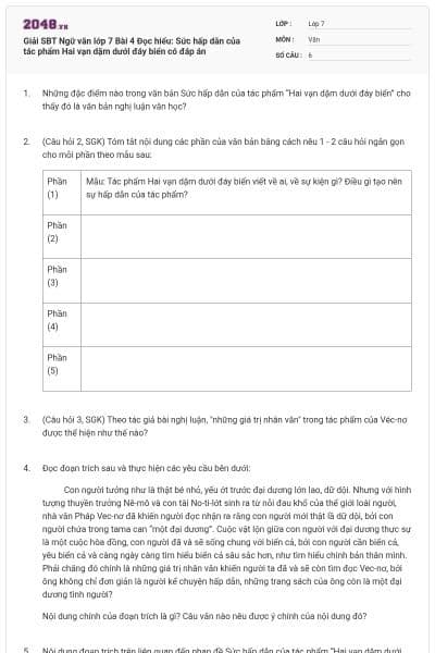 Giải SBT Ngữ văn lớp 7 Bài 4 Đọc hiểu: Sức hấp dẫn của tác phẩm Hai vạn dặm dưới đáy biển có đáp án