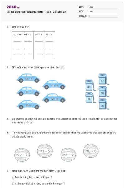 Bài tập cuối tuần Toán lớp 2 KNTT Tuần 12 có đáp án