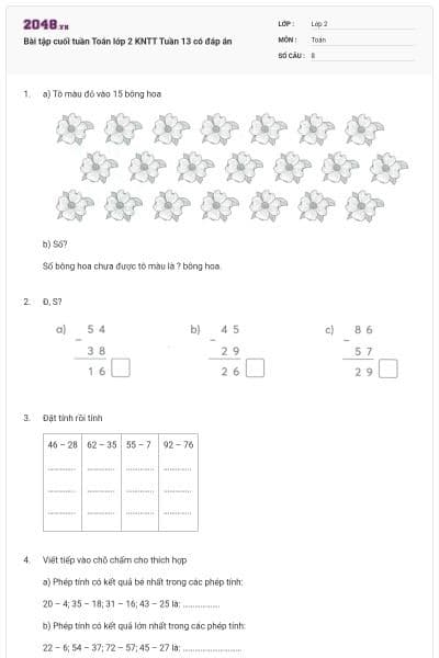 Bài tập cuối tuần Toán lớp 2 KNTT Tuần 13 có đáp án