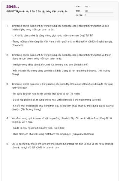 Giải SBT Ngữ văn lớp 7 Bài 5 Bài tập tiếng Việt có đáp án