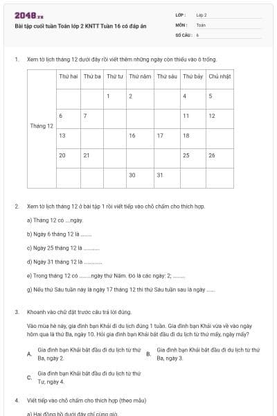 Bài tập cuối tuần Toán lớp 2 KNTT Tuần 16 có đáp án