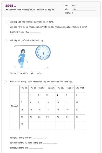 Bài tập cuối tuần Toán lớp 2 KNTT Tuần 18 có đáp án