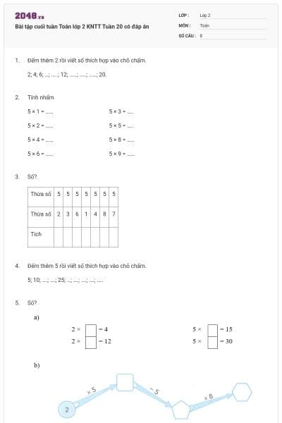 Bài tập cuối tuần Toán lớp 2 KNTT Tuần 20 có đáp án