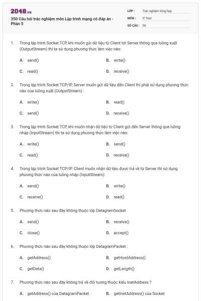 350 Câu hỏi trắc nghiệm môn Lập trình mạng có đáp án - Phần 5