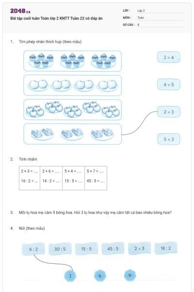 Bài tập cuối tuần Toán lớp 2 KNTT Tuần 22 có đáp án