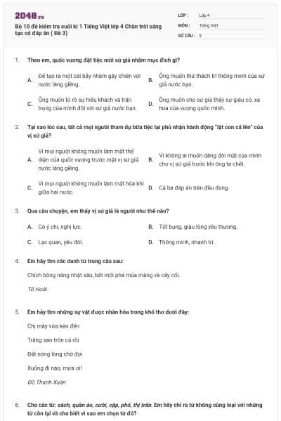 Bộ 10 đề kiểm tra cuối kì 1 Tiếng Việt lớp 4 Chân trời sáng tạo có đáp án ( Đề 3)