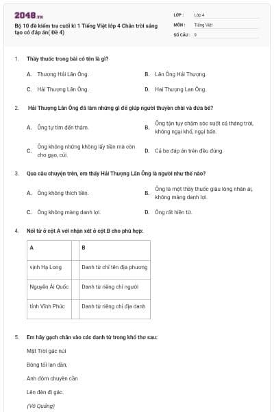 Bộ 10 đề kiểm tra cuối kì 1 Tiếng Việt lớp 4 Chân trời sáng tạo có đáp án( Đề 4)