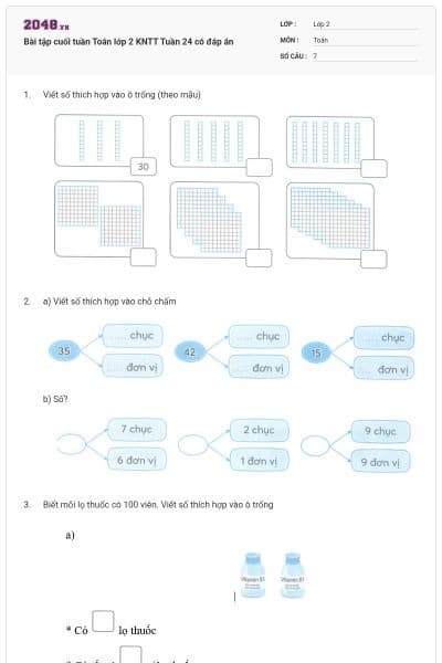 Bài tập cuối tuần Toán lớp 2 KNTT Tuần 24 có đáp án