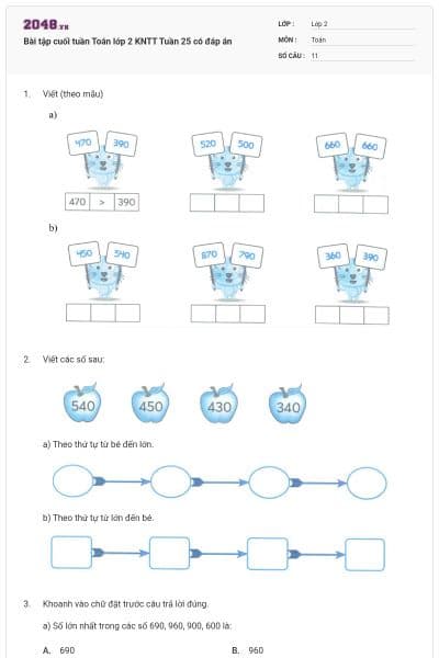Bài tập cuối tuần Toán lớp 2 KNTT Tuần 25 có đáp án
