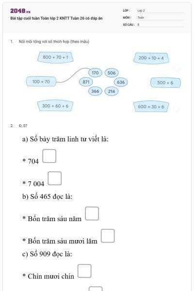 Bài tập cuối tuần Toán lớp 2 KNTT Tuần 26 có đáp án