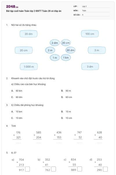 Bài tập cuối tuần Toán lớp 2 KNTT Tuần 28 có đáp án