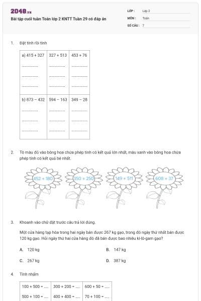 Bài tập cuối tuần Toán lớp 2 KNTT Tuần 29 có đáp án