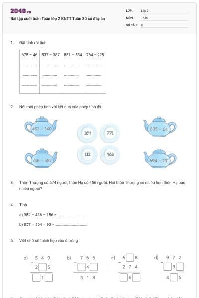 Bài tập cuối tuần Toán lớp 2 KNTT Tuần 30 có đáp án