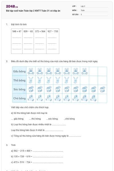 Bài tập cuối tuần Toán lớp 2 KNTT Tuần 31 có đáp án
