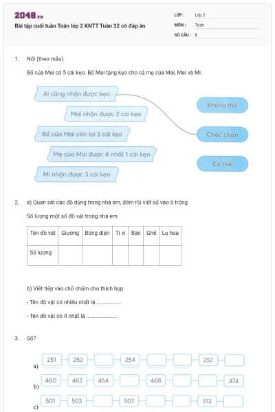 Bài tập cuối tuần Toán lớp 2 KNTT Tuần 32 có đáp án