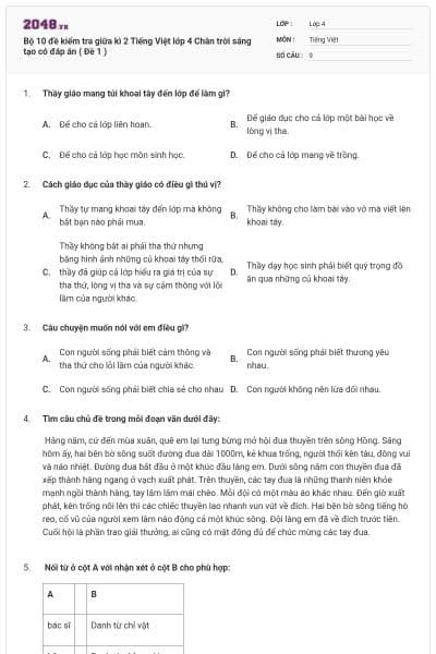 Bộ 10 đề kiểm tra giữa kì 2 Tiếng Việt lớp 4 Chân trời sáng tạo có đáp án ( Đề 1 )