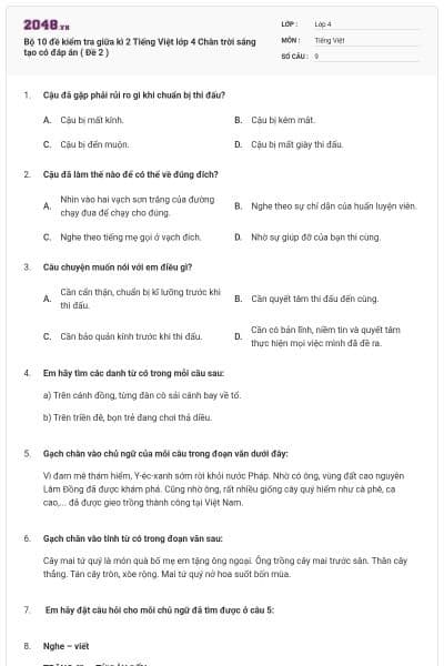 Bộ 10 đề kiểm tra giữa kì 2 Tiếng Việt lớp 4 Chân trời sáng tạo có đáp án ( Đề 2 )