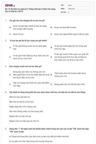 Bộ 10 đề kiểm tra giữa kì 2 Tiếng Việt lớp 4 Chân trời sáng tạo có đáp án ( Đề 3)