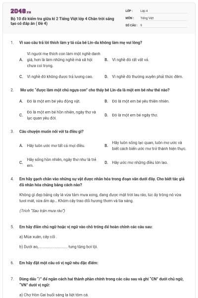 Bộ 10 đề kiểm tra giữa kì 2 Tiếng Việt lớp 4 Chân trời sáng tạo có đáp án ( Đề 4)