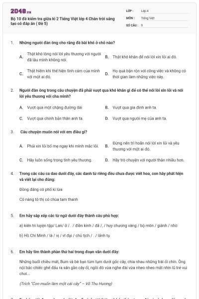 Bộ 10 đề kiểm tra giữa kì 2 Tiếng Việt lớp 4 Chân trời sáng tạo có đáp án ( Đề 5)