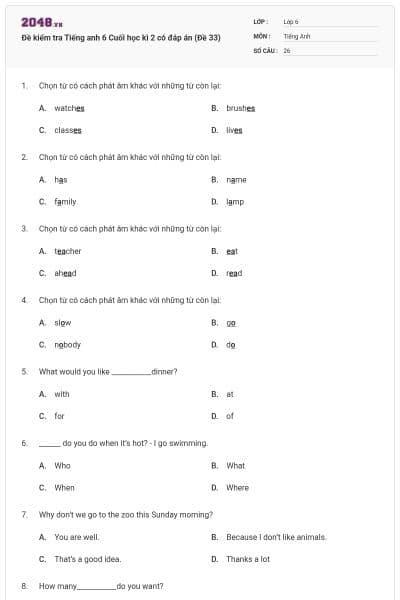 Đề kiểm tra Tiếng anh 6 Cuối học kì 2 có đáp án (Đề 33)