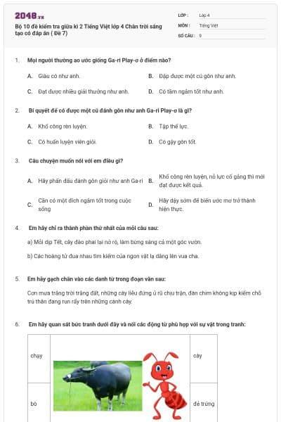 Bộ 10 đề kiểm tra giữa kì 2 Tiếng Việt lớp 4 Chân trời sáng tạo có đáp án ( Đề 7)