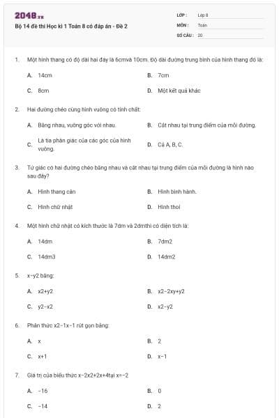 Bộ 14 đề thi Học kì 1 Toán 8 có đáp án - Đề 2