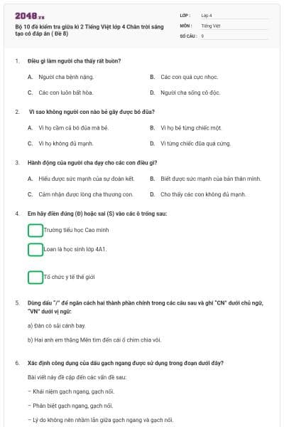 Bộ 10 đề kiểm tra giữa kì 2 Tiếng Việt lớp 4 Chân trời sáng tạo có đáp án ( Đề 8)