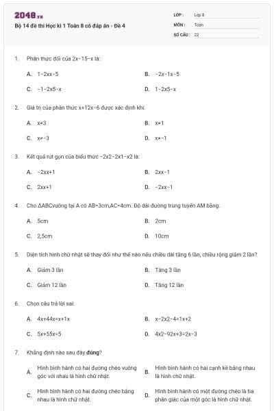 Bộ 14 đề thi Học kì 1 Toán 8 có đáp án - Đề 4