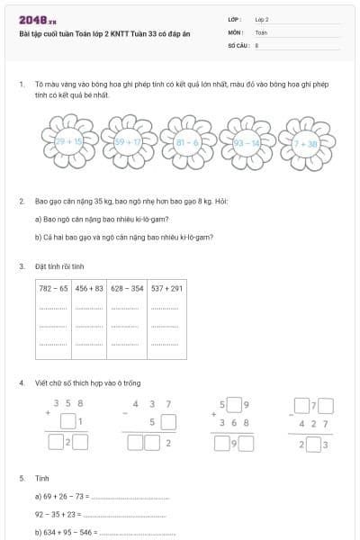 Bài tập cuối tuần Toán lớp 2 KNTT Tuần 33 có đáp án