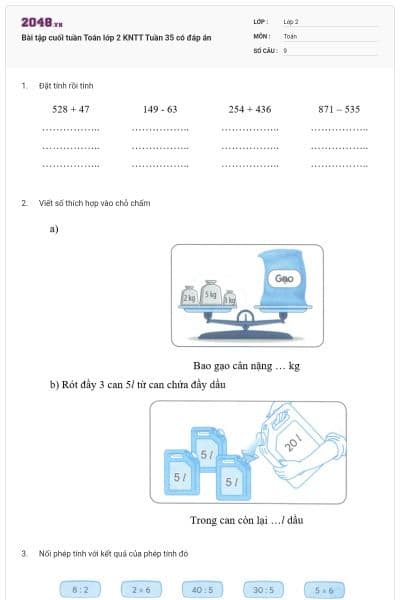 Bài tập cuối tuần Toán lớp 2 KNTT Tuần 35 có đáp án