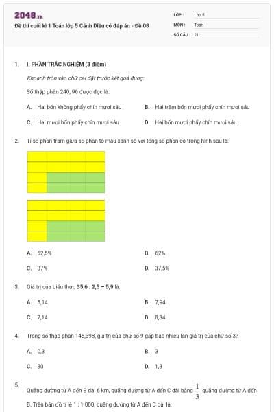 Đề thi cuối kì 1 Toán lớp 5 Cánh Diều có đáp án - Đề 08