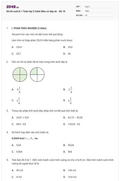 Đề thi cuối kì 1 Toán lớp 5 Cánh Diều có đáp án - Đề 10
