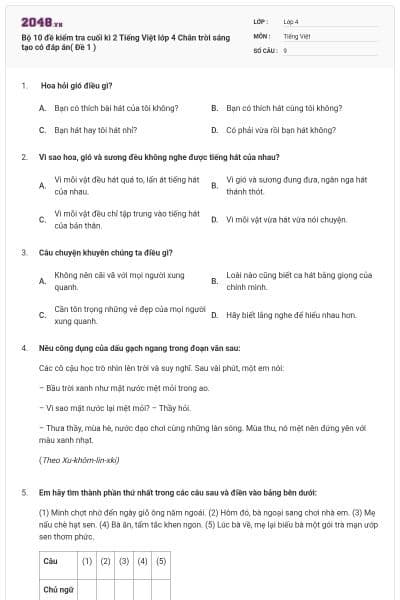 Bộ 10 đề kiểm tra cuối kì 2 Tiếng Việt lớp 4 Chân trời sáng tạo có đáp án( Đề 1 )