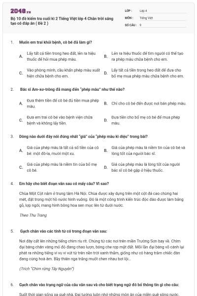 Bộ 10 đề kiểm tra cuối kì 2 Tiếng Việt lớp 4 Chân trời sáng tạo có đáp án ( Đề 2 )