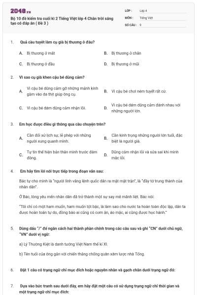 Bộ 10 đề kiểm tra cuối kì 2 Tiếng Việt lớp 4 Chân trời sáng tạo có đáp án ( Đề 3 )