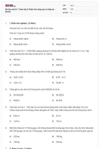 Đề thi cuối kì 1 Toán lớp 5 Chân trời sáng tạo có đáp án - Đề 05