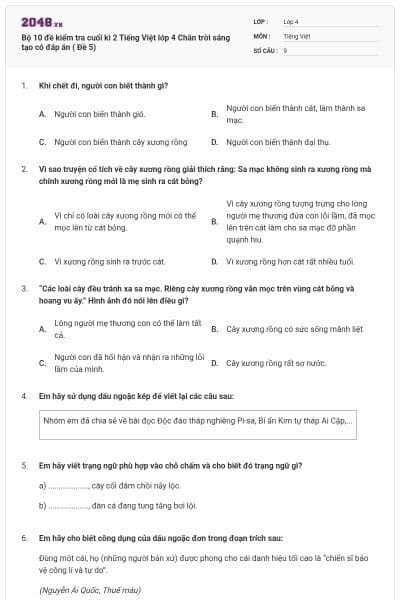 Bộ 10 đề kiểm tra cuối kì 2 Tiếng Việt lớp 4 Chân trời sáng tạo có đáp án ( Đề 5)