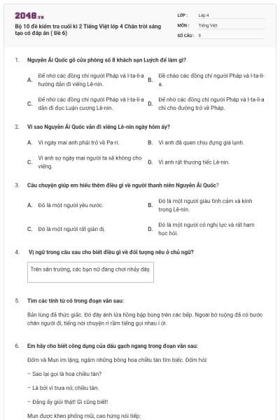 Bộ 10 đề kiểm tra cuối kì 2 Tiếng Việt lớp 4 Chân trời sáng tạo có đáp án ( Đề 6)